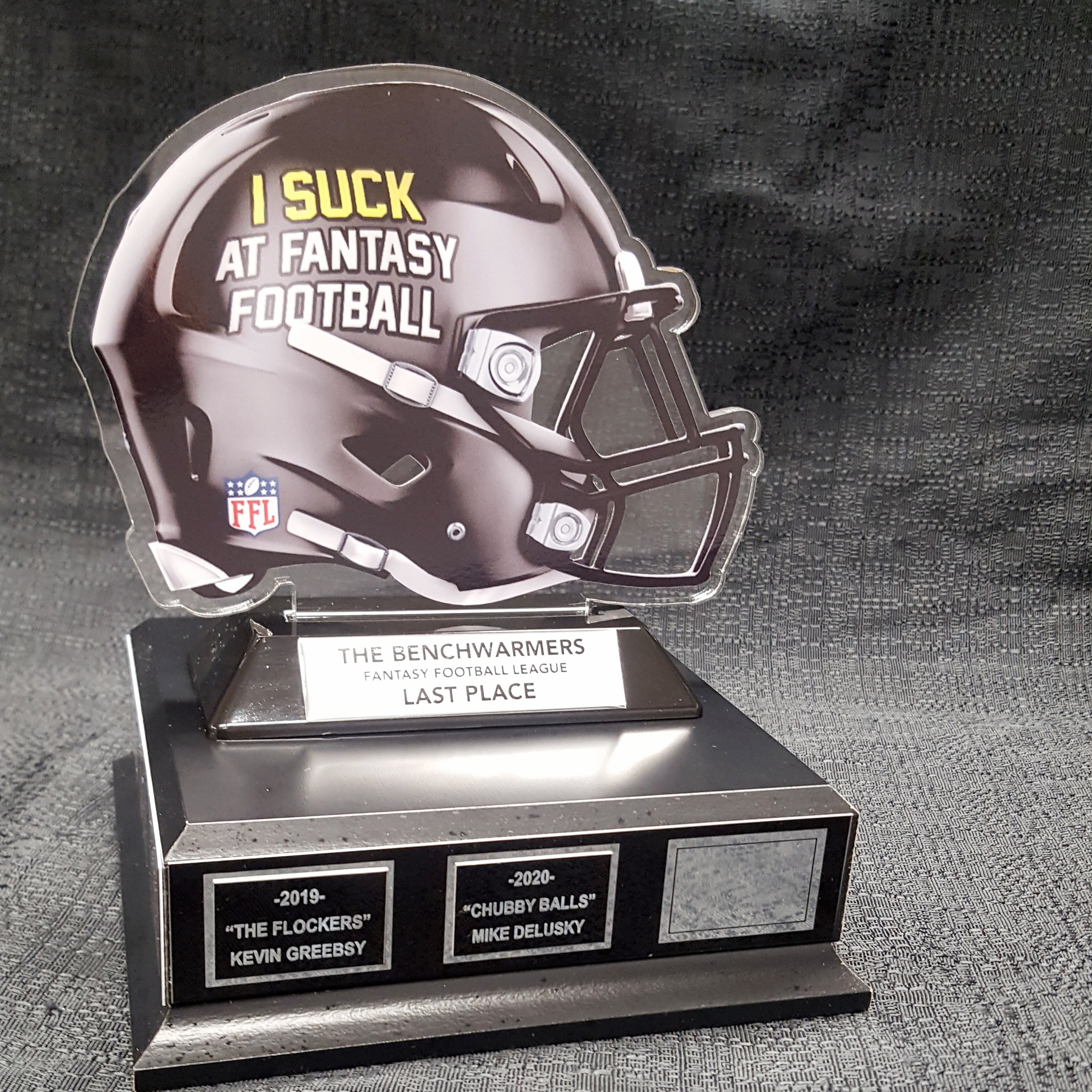 I Suck At Fantasy Football Helmet On Black Base