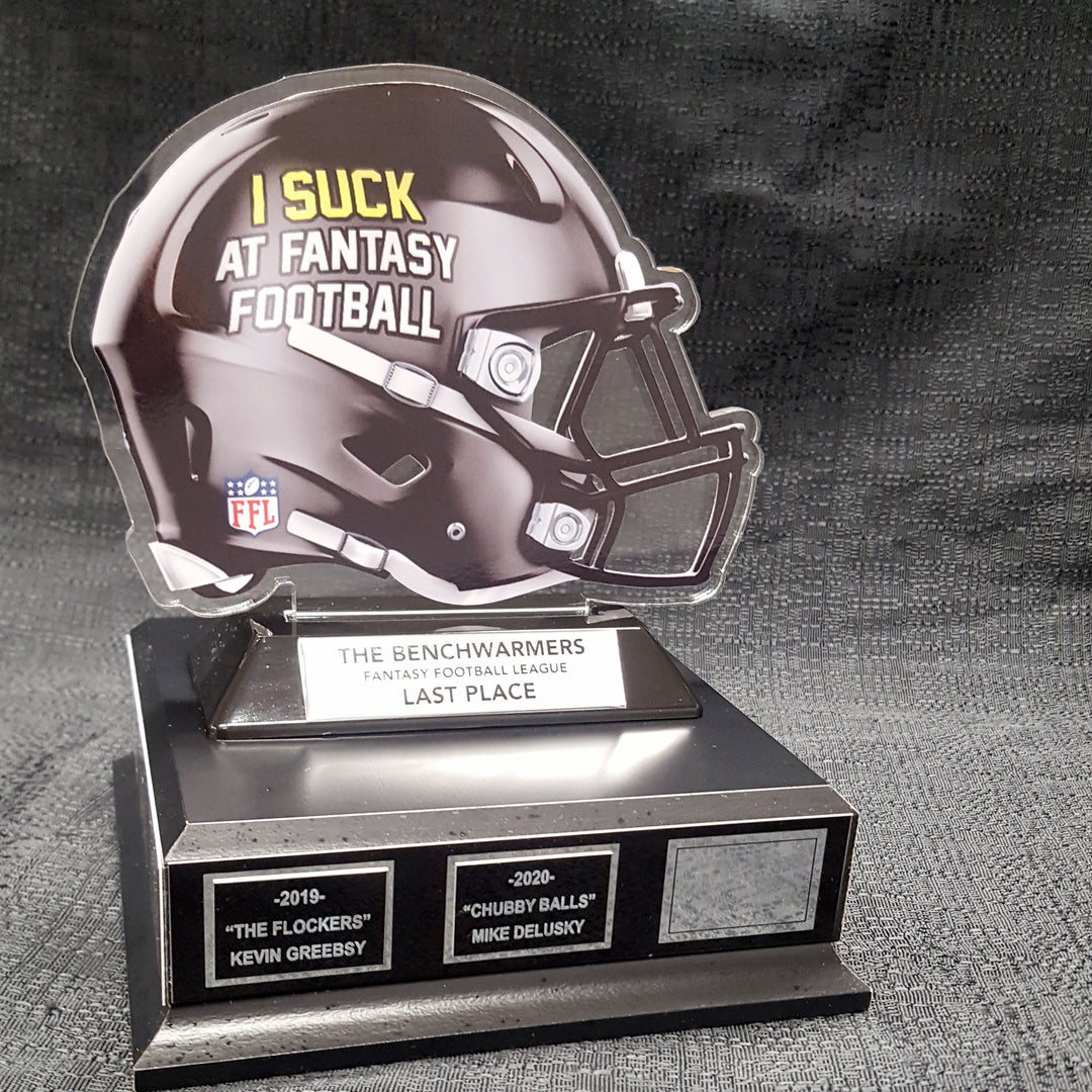 I Suck At Fantasy Football Helmet On Black Base – The Trophy King